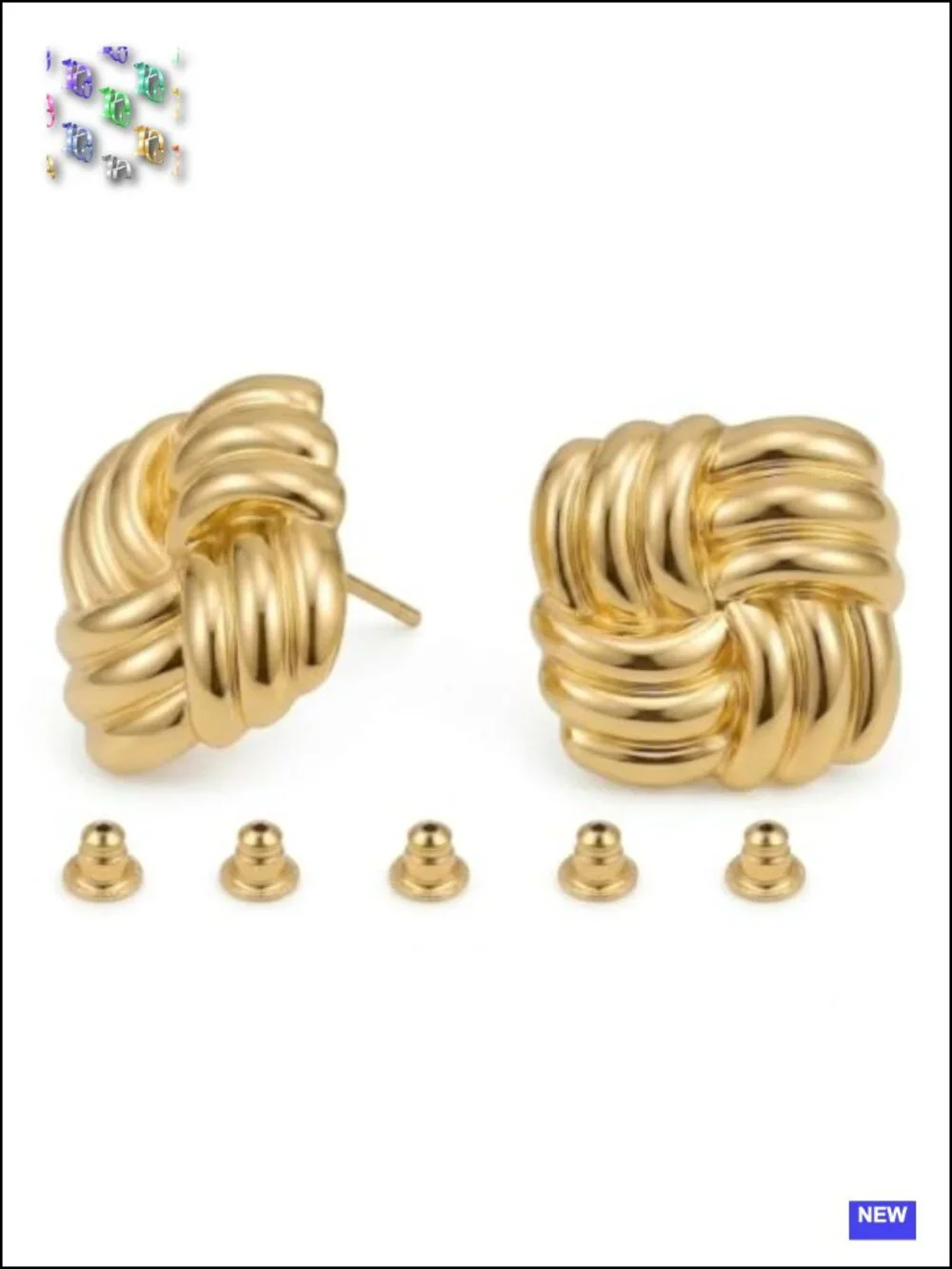 Chunky Square Statement Button Earrings Gold-Tone Vintage Geometric Lightweight